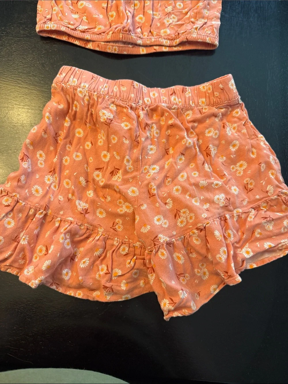 Two-Piece Coral Floral Crop Top and Ruffle Shorts Set